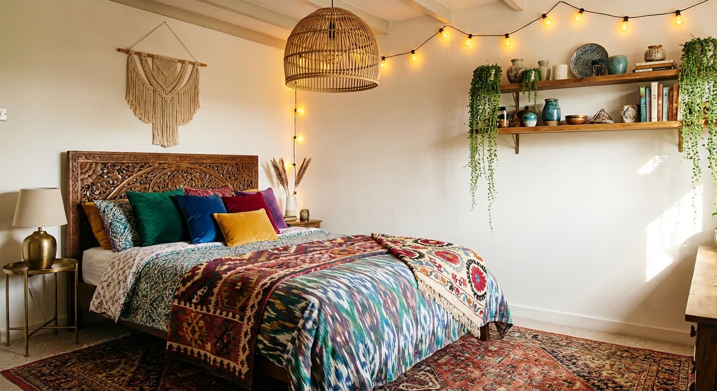 Boho interior design style - AI photorealistic render by Lumiforma