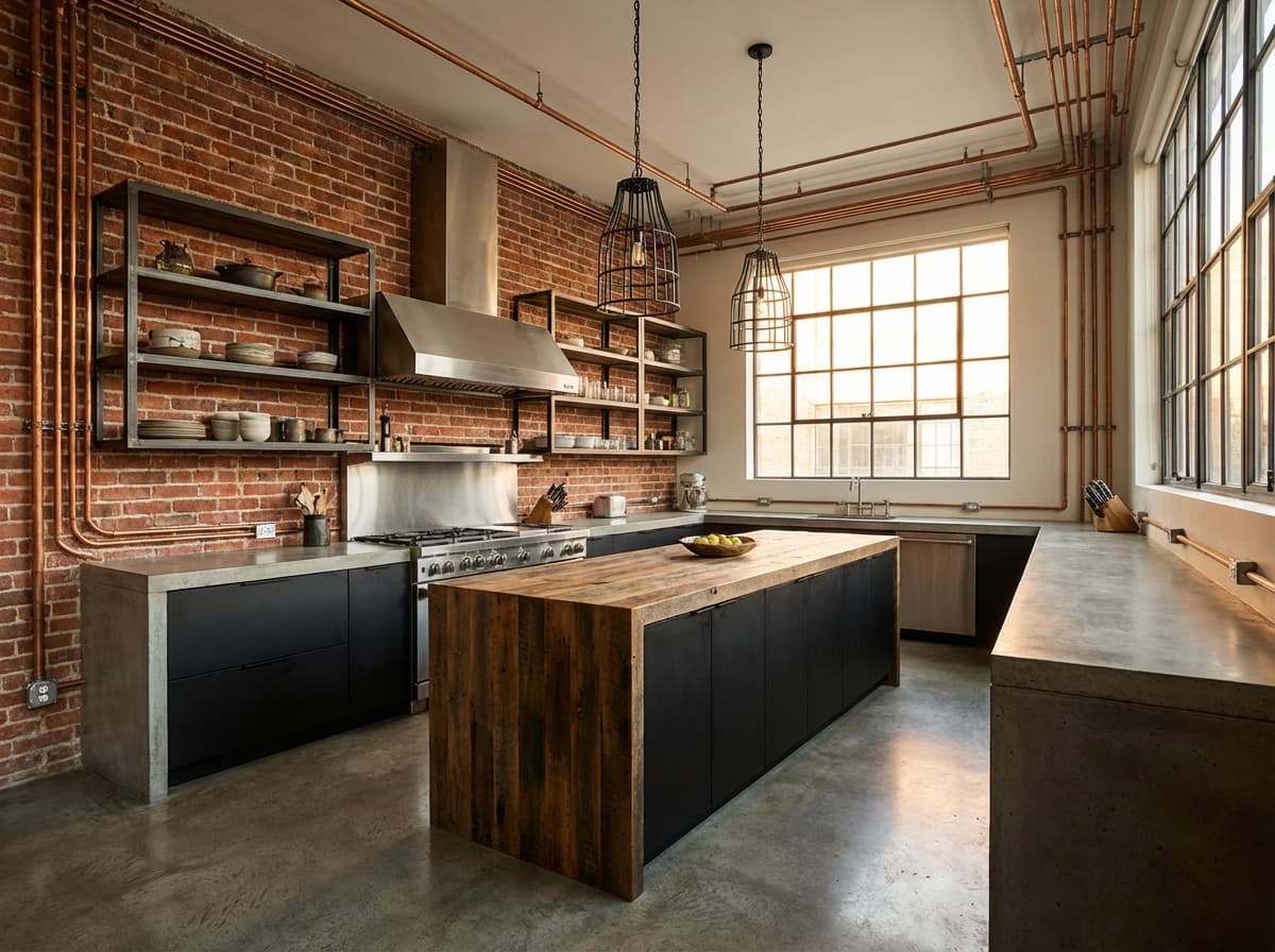 Industrial interior design style - AI photorealistic render by Lumiforma