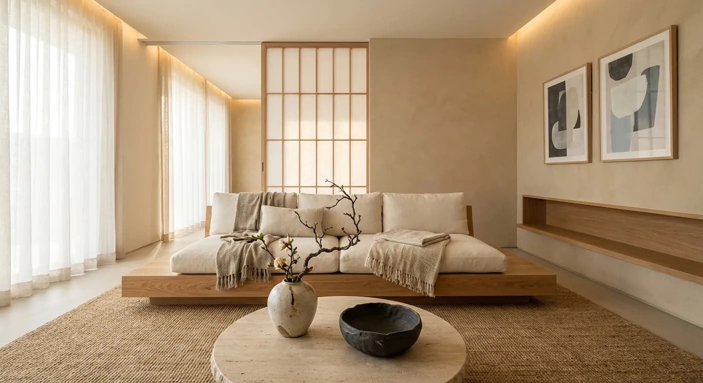 Japandi interior design style - AI photorealistic render by Lumiforma