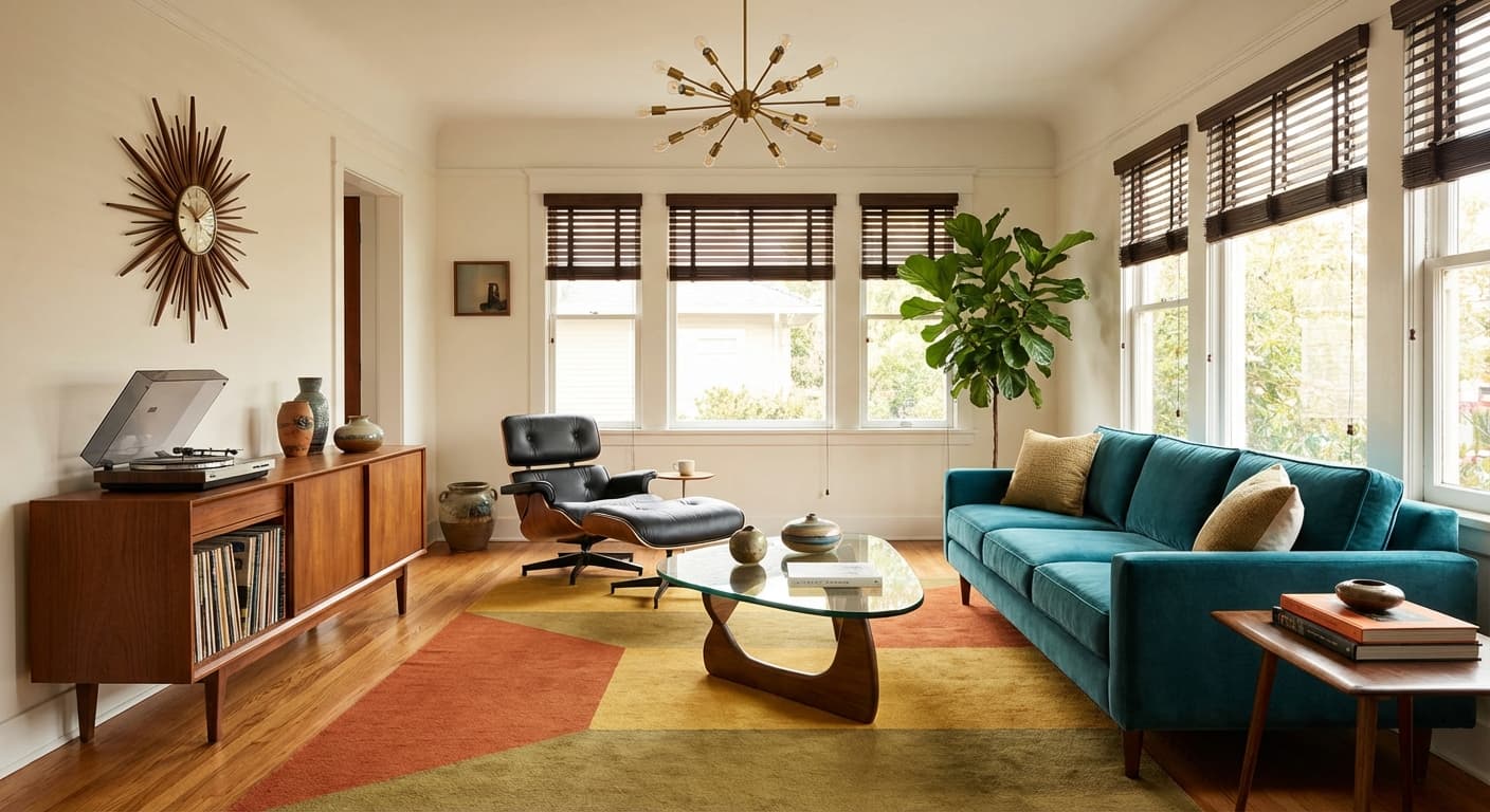 Mid-Century interior design style - AI photorealistic render by Lumiforma